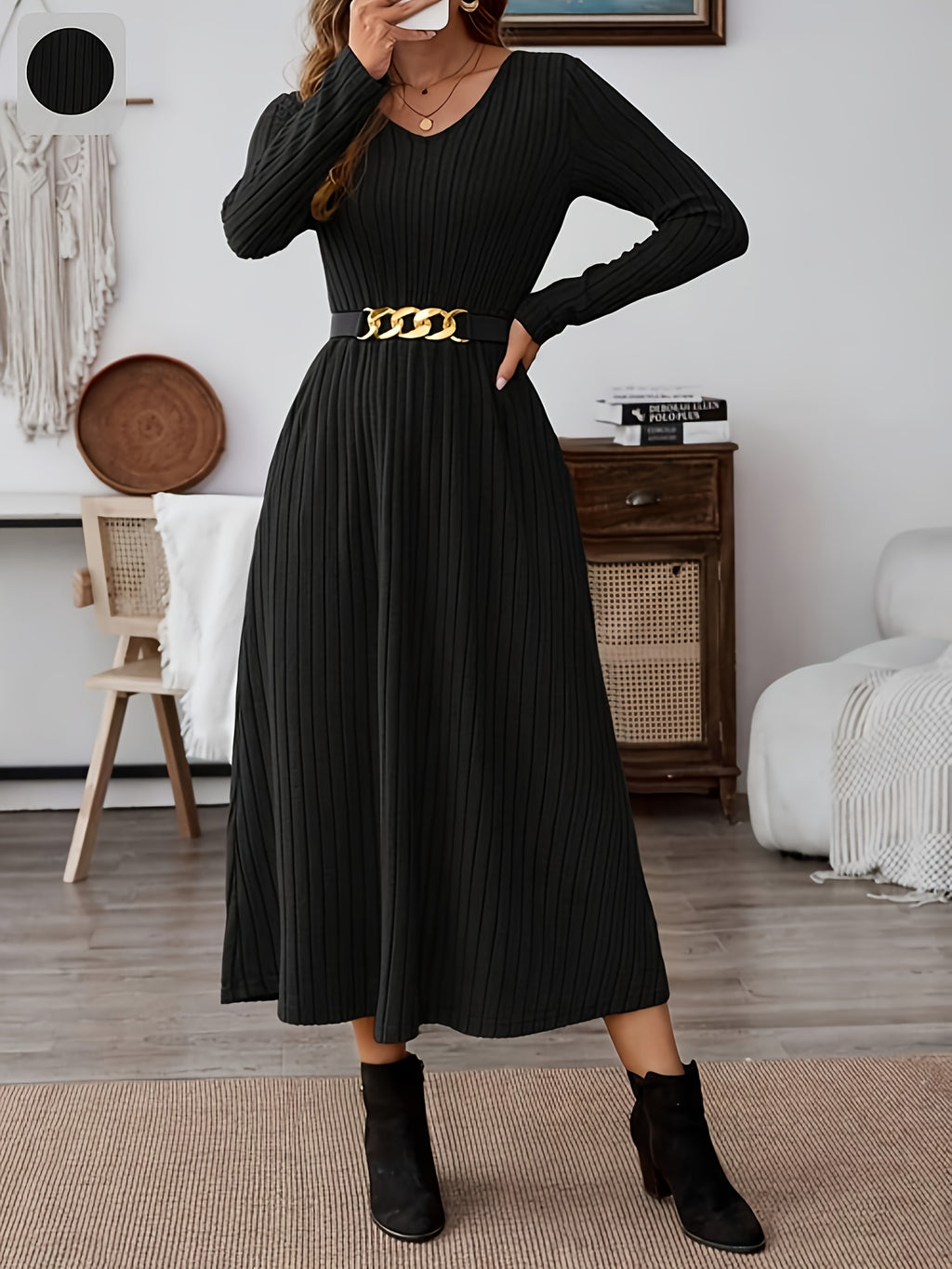 JW Autumn/Winter Elegant Commuter V-Neck Long Sleeve Waist-Cinching Pocket A-Line Striped Solid Color Midi Dress