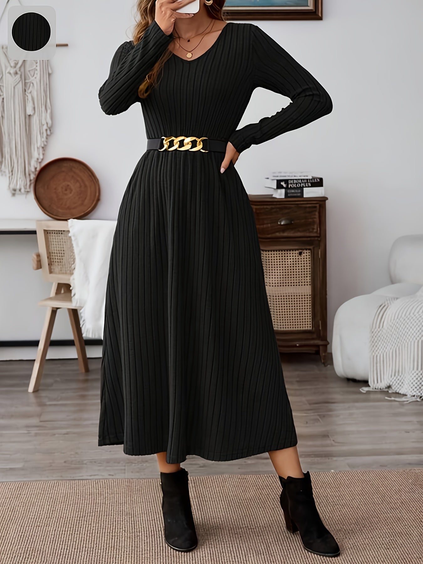 JW Autumn/Winter Elegant Commuter V-Neck Long Sleeve Waist-Cinching Pocket A-Line Striped Solid Color Midi Dress