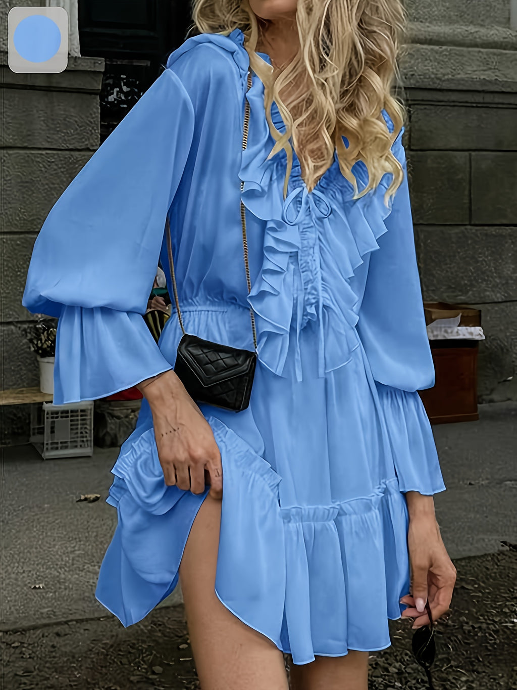 Elegant Ruffle Trim Midi Dress for Women - Tiered Hem Long Sleeve Solid Color Dress, Chic Fall Winter Office to Evening Dress