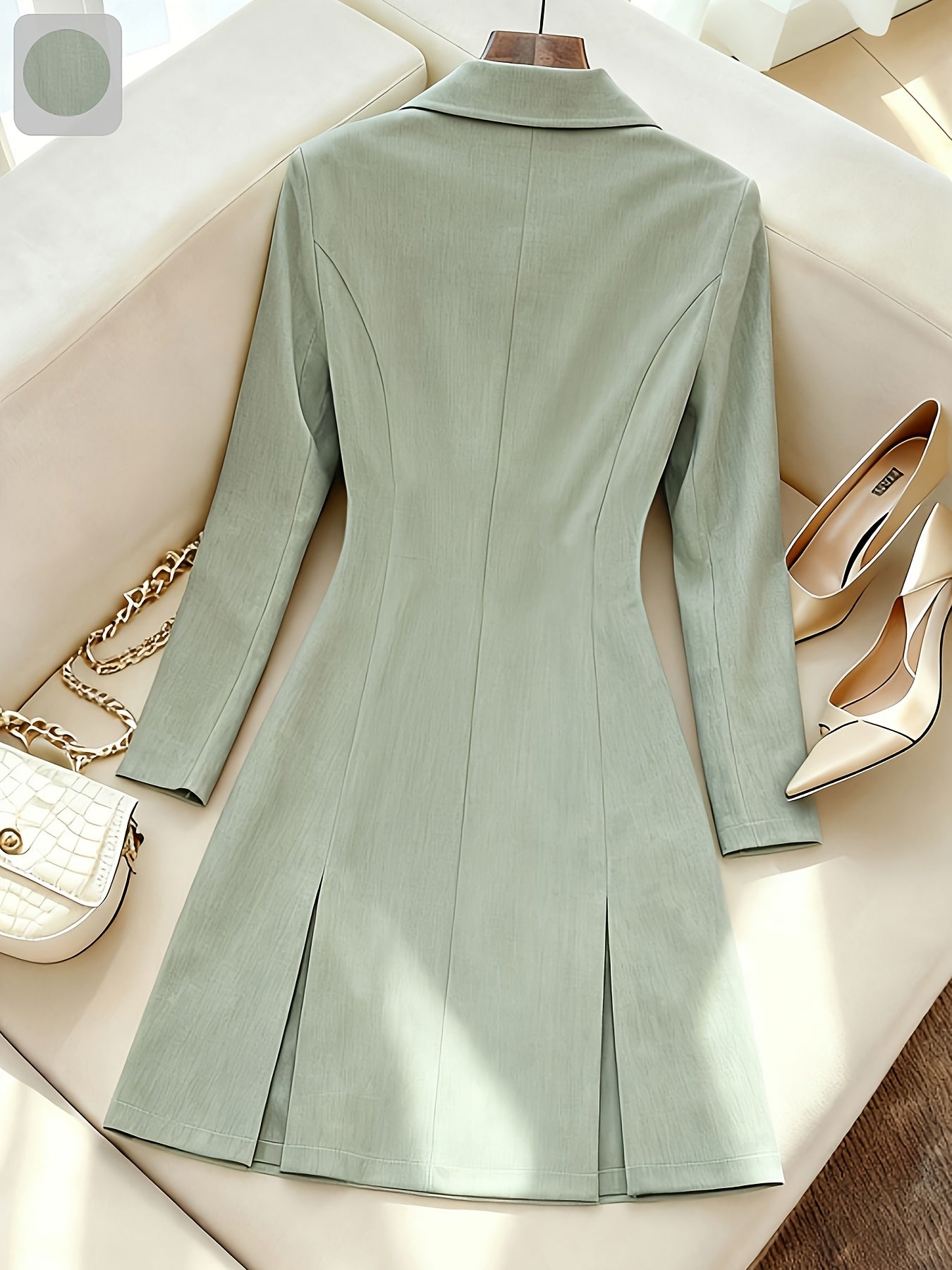 Elegant Double Breasted Midi Dress for Women - Solid Color Long Sleeve Dress with Vent Hem, Office to Casual Fall Winter Dress with Slim Fit