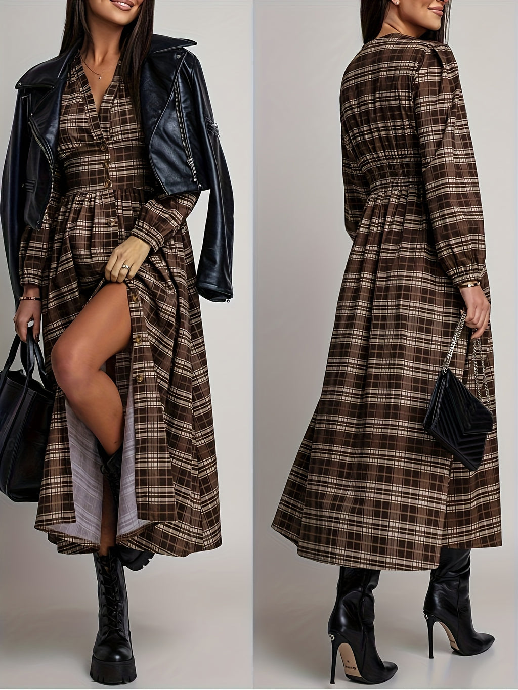 Elegant V-Neck Plaid Long Dress with Button Design | Merlot Color, Waist-Cinched, Split Hem, Suitable for Daily Outings, Photo Sessions, Travel, and Office Casual Wear