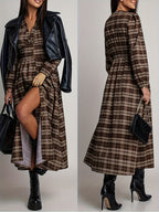 Elegant V-Neck Plaid Long Dress with Button Design | Merlot Color, Waist-Cinched, Split Hem, Suitable for Daily Outings, Photo Sessions, Travel, and Office Casual Wear