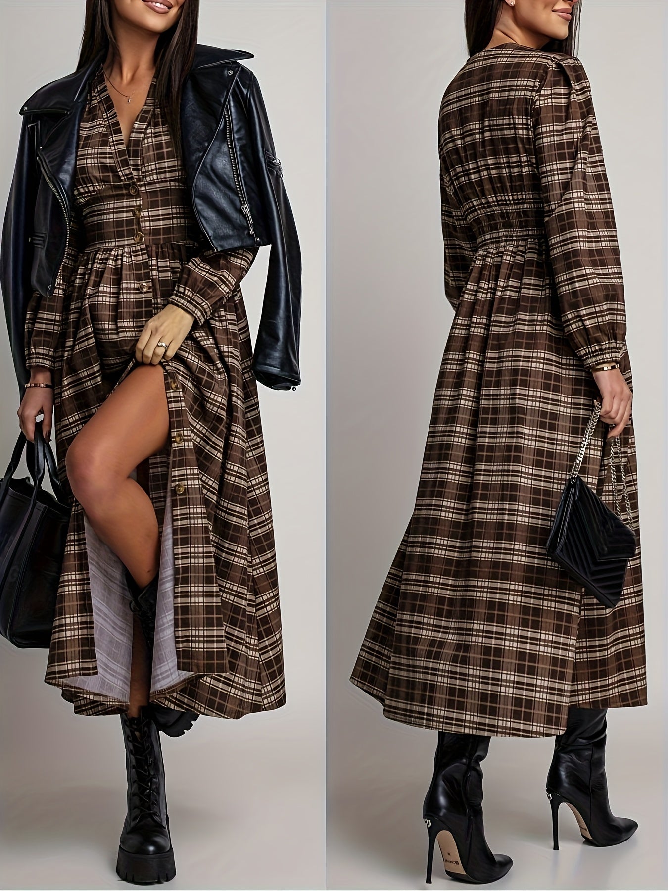 Elegant V-Neck Plaid Long Dress with Button Design | Merlot Color, Waist-Cinched, Split Hem, Suitable for Daily Outings, Photo Sessions, Travel, and Office Casual Wear