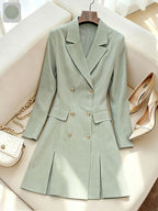 Elegant Double Breasted Midi Dress for Women - Solid Color Long Sleeve Dress with Vent Hem, Office to Casual Fall Winter Dress with Slim Fit