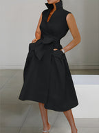 Women's Sleeveless A-Line Dress - Mustard Yellow Lapel Collar with Adjustable Waist Bow Tie & Pockets, Knee-Length Flared Hem, Loose Fit Machine-Washable Spring/Summer Casual to Semi-Formal Dress, Spring Outdoor Attire