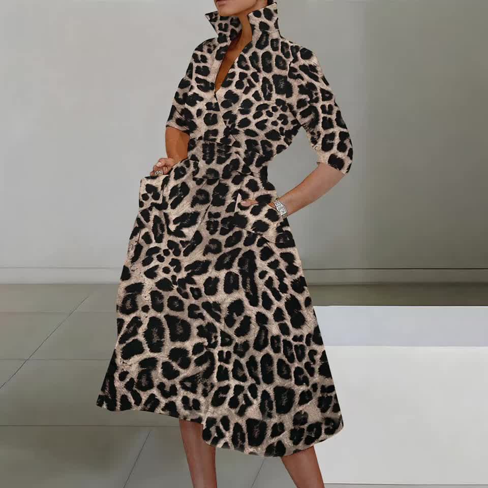 Elegant leopard print long-sleeve dress for women with pockets, featuring a cross V-neck and high collar, perfect for autumn and winter.
