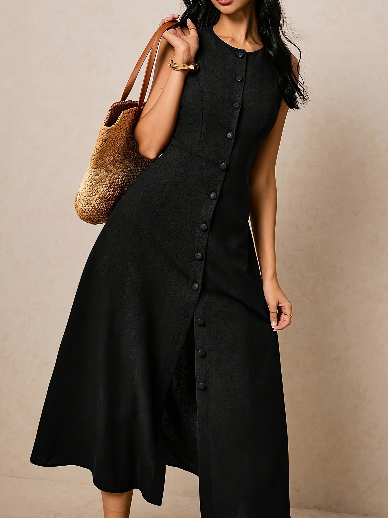 Women's Elegant Sleeveless A-Line Maxi Dress with Round Neck & Waist-Cinching Button Closure - Slim-Fit -Length Brown Dress for, Wedding Guest, Formal Events - Machine Washable Tailored Long Dress