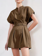 Women'S Elegant V-Neck A-Line Dress with Adjustable Waist Belt - Short Sleeve, X-Line Silhouette, Button Front Closure, Lightweight Summer Dress for Casual & Formal, Casual Summer Dress | Vneck Dress | Belted Waist Dress