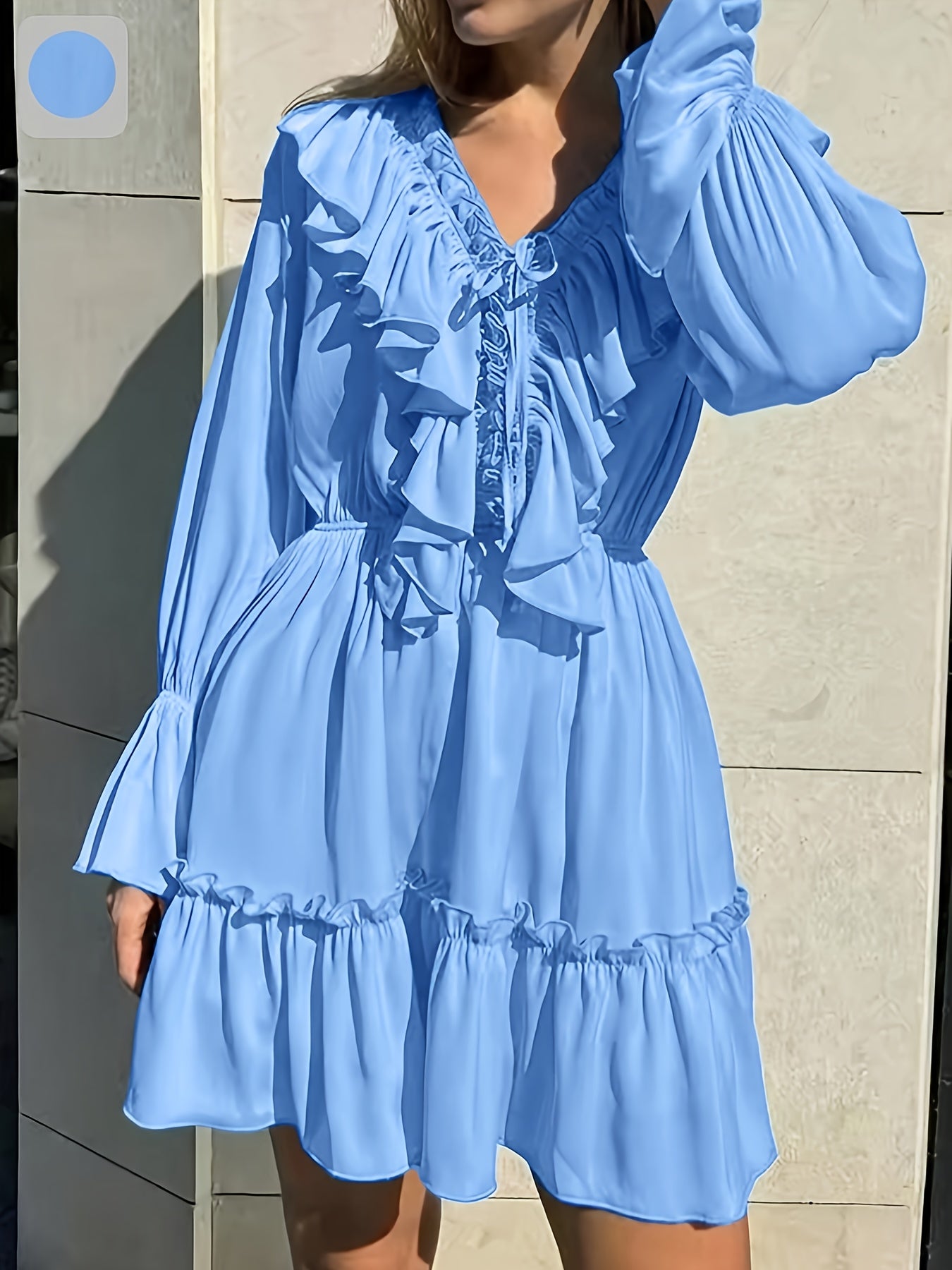 Elegant Ruffle Trim Midi Dress for Women - Tiered Hem Long Sleeve Solid Color Dress, Chic Fall Winter Office to Evening Dress