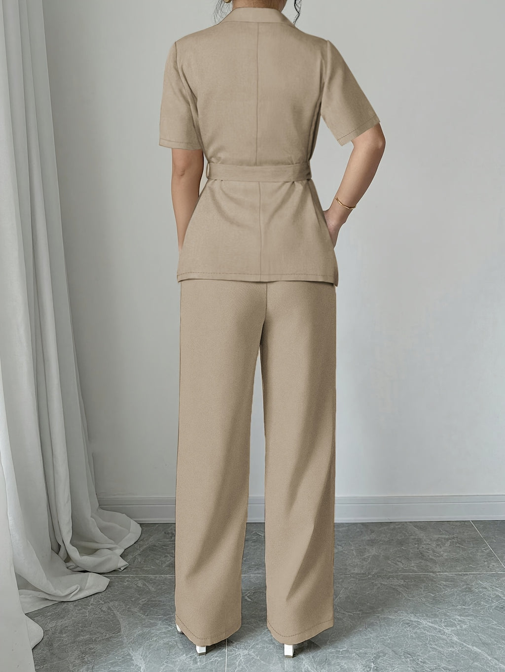 2pcs Set Women's Casual Blazer & Pants - Solid Color, Lapel Collar, Short Sleeve, Smooth Polyester Fabric - Spring/Summer Outfits | Belted Blazer | Loose-Fit Pants