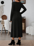 JW Autumn/Winter Elegant Commuter V-Neck Long Sleeve Waist-Cinching Pocket A-Line Striped Solid Color Midi Dress