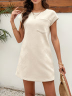 Women'S Chic Beige Midi Dress with Textured Fabric - Casual Drop Shoulder Design, Pockets, and a Round Neckline - Perfect for Spring and Summer Outfits, Vacation Style, Loose Fit for All-Day Comfort