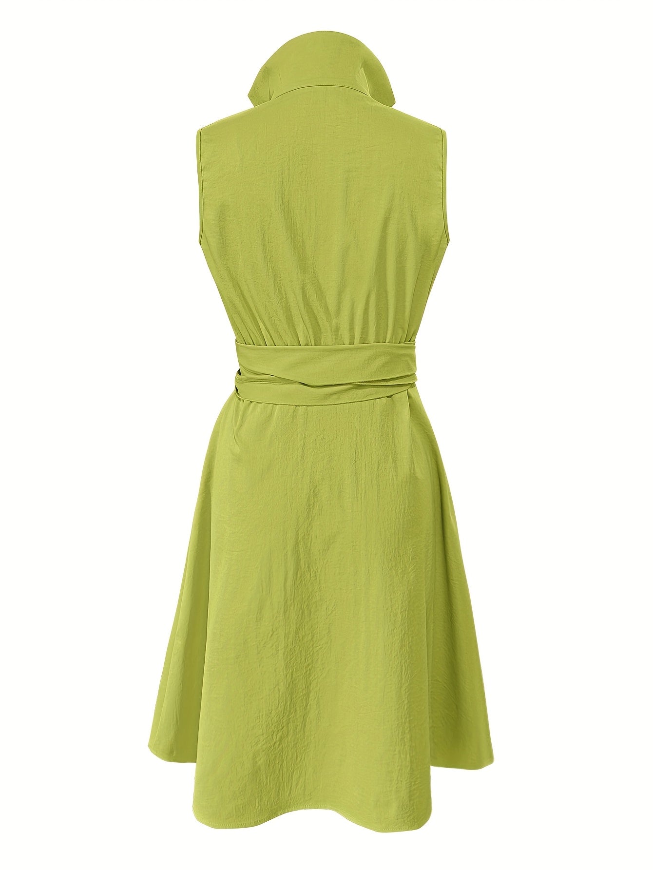 Women's Sleeveless A-Line Dress - Mustard Yellow Lapel Collar with Adjustable Waist Bow Tie & Pockets, Knee-Length Flared Hem, Loose Fit Machine-Washable Spring/Summer Casual to Semi-Formal Dress, Spring Outdoor Attire