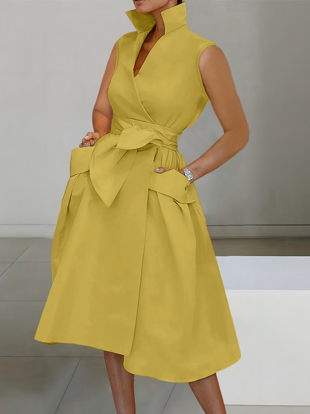 Women's Sleeveless A-Line Dress - Mustard Yellow Lapel Collar with Adjustable Waist Bow Tie & Pockets, Knee-Length Flared Hem, Loose Fit Machine-Washable Spring/Summer Casual to Semi-Formal Dress, Spring Outdoor Attire