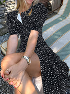 French Chic Polka Dot Midi Dress for Women - Elegant Puff Sleeve V-Neck Partial Button Tiered Dress, Fall Winter Swing Dress with Belt