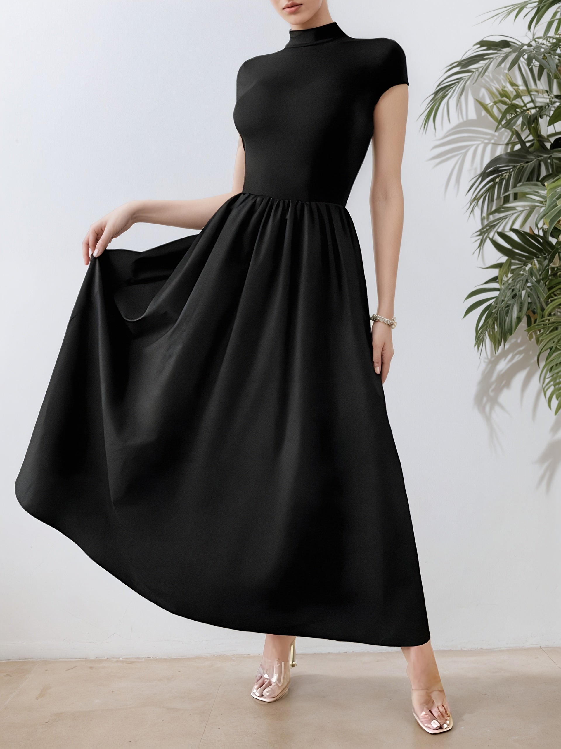 Elegant Black Maxi Dress for Women - Slim Fit, Short Sleeve, Stand Collar, Solid Color with Contrast Detailing, Flared Hem, Perfect for Spring/Summer, Chic and Stylish, Elegant Event Wear | Chic Style Dress | Polyester Fabric