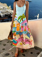 Women'S Vibrant Cartoon Print Maxi Dress - Sleeveless, Light Blue with Beach House & Palm Tree Design, Perfect for Spring/Summer Beach & Pool Parties, Beach Party Dress | Playful Print | Glossy Finish