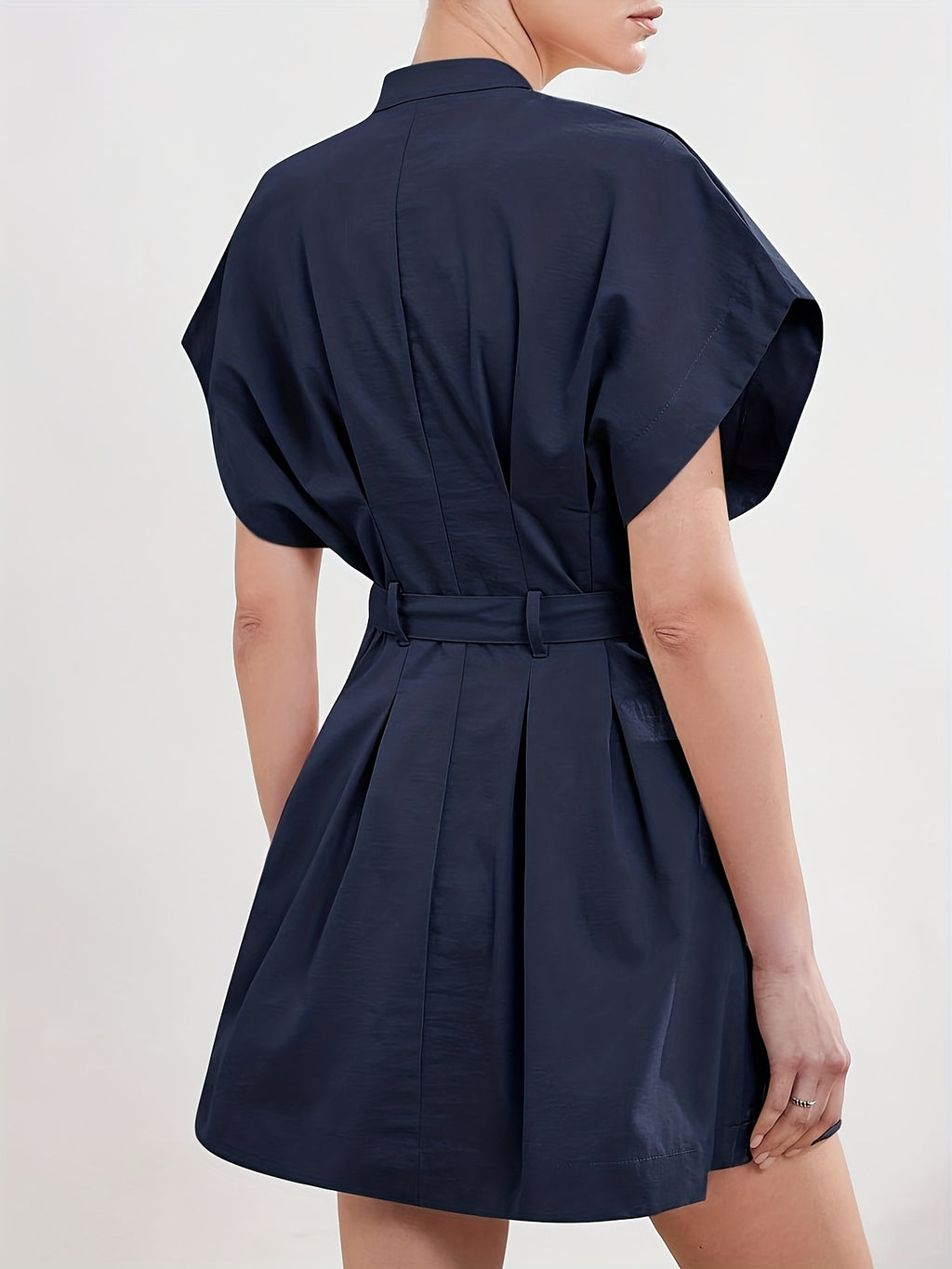 Women'S Elegant V-Neck A-Line Dress with Adjustable Waist Belt - Short Sleeve, X-Line Silhouette, Button Front Closure, Lightweight Summer Dress for Casual & Formal, Casual Summer Dress | Vneck Dress | Belted Waist Dress