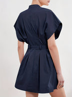 Women'S Elegant V-Neck A-Line Dress with Adjustable Waist Belt - Short Sleeve, X-Line Silhouette, Button Front Closure, Lightweight Summer Dress for Casual & Formal, Casual Summer Dress | Vneck Dress | Belted Waist Dress