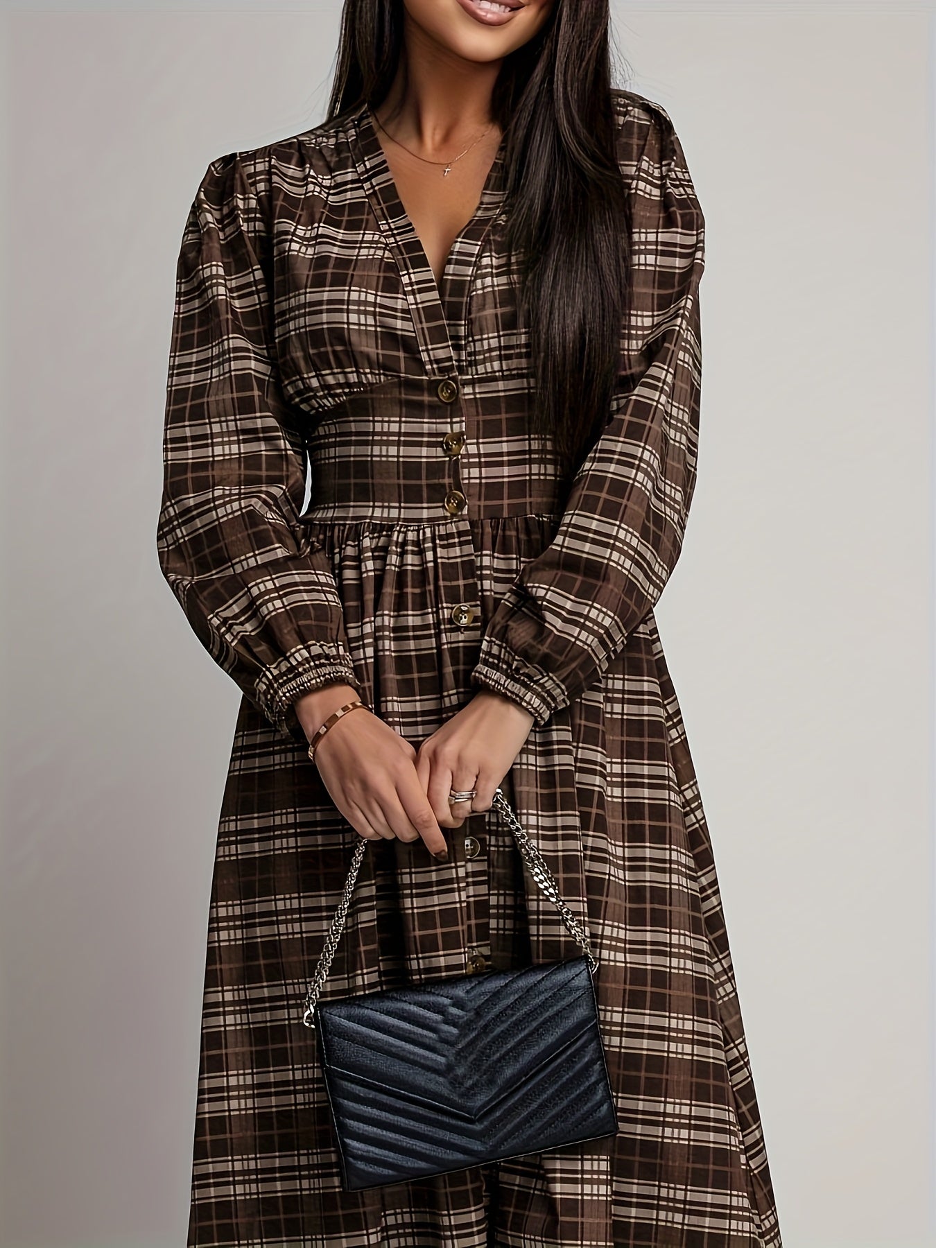 Elegant V-Neck Plaid Long Dress with Button Design | Merlot Color, Waist-Cinched, Split Hem, Suitable for Daily Outings, Photo Sessions, Travel, and Office Casual Wear