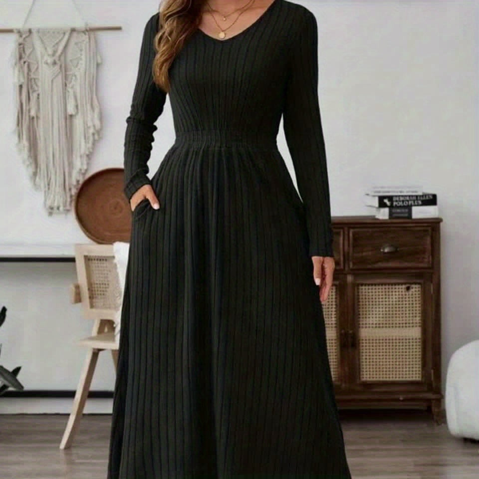 JW Autumn/Winter Elegant Commuter V-Neck Long Sleeve Waist-Cinching Pocket A-Line Striped Solid Color Midi Dress
