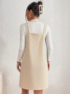 Women'S Elegant V-Neck Sleeveless Midi Dress - Thick Ribbed, Solid Color Beige, Casual Chic Style for Fall/Winter, Perfect for Commuting or Casual Attire, Winter Dresses