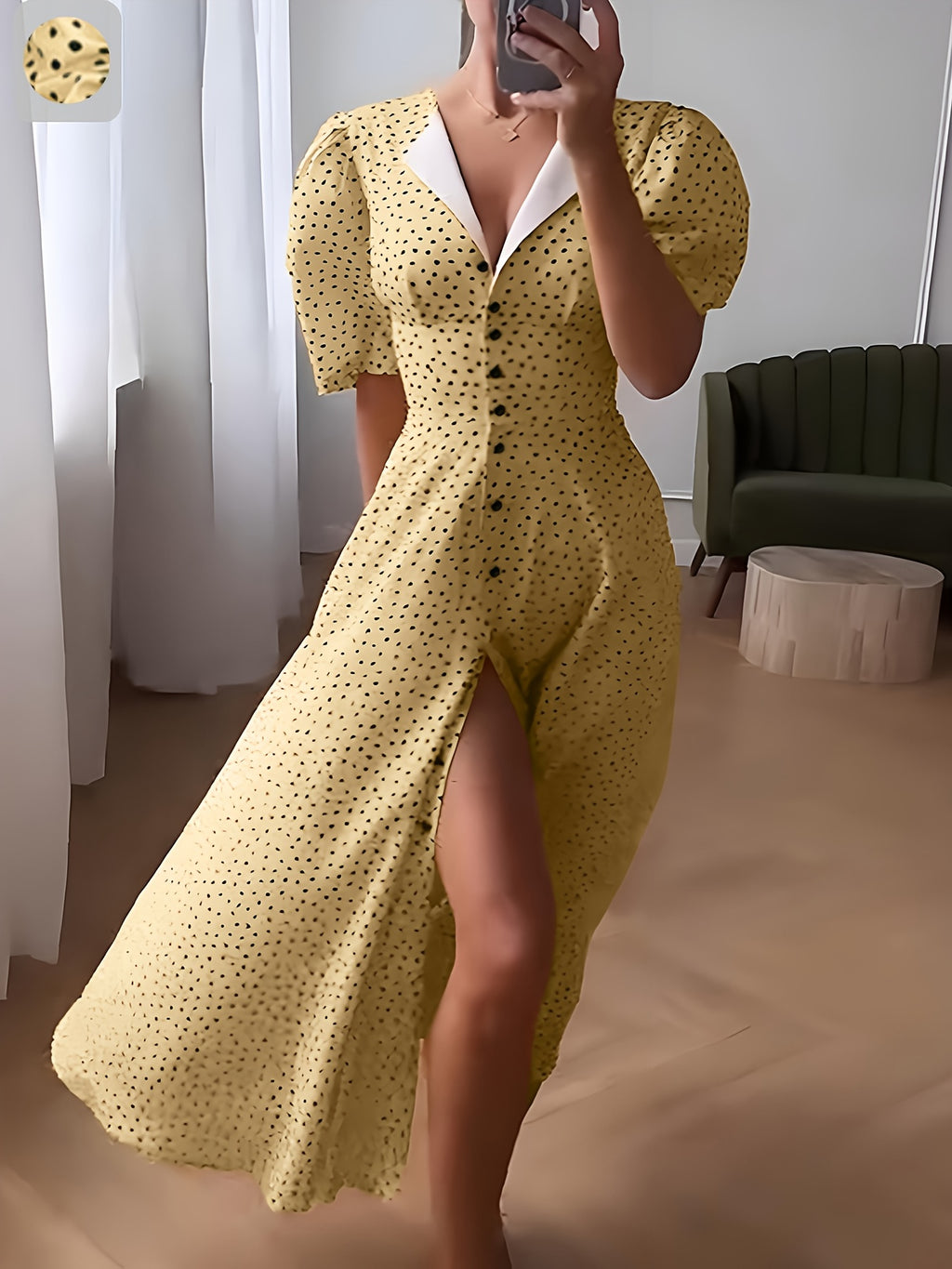 French Chic Polka Dot Midi Dress for Women - Elegant Puff Sleeve V-Neck Partial Button Tiered Dress, Fall Winter Swing Dress with Belt