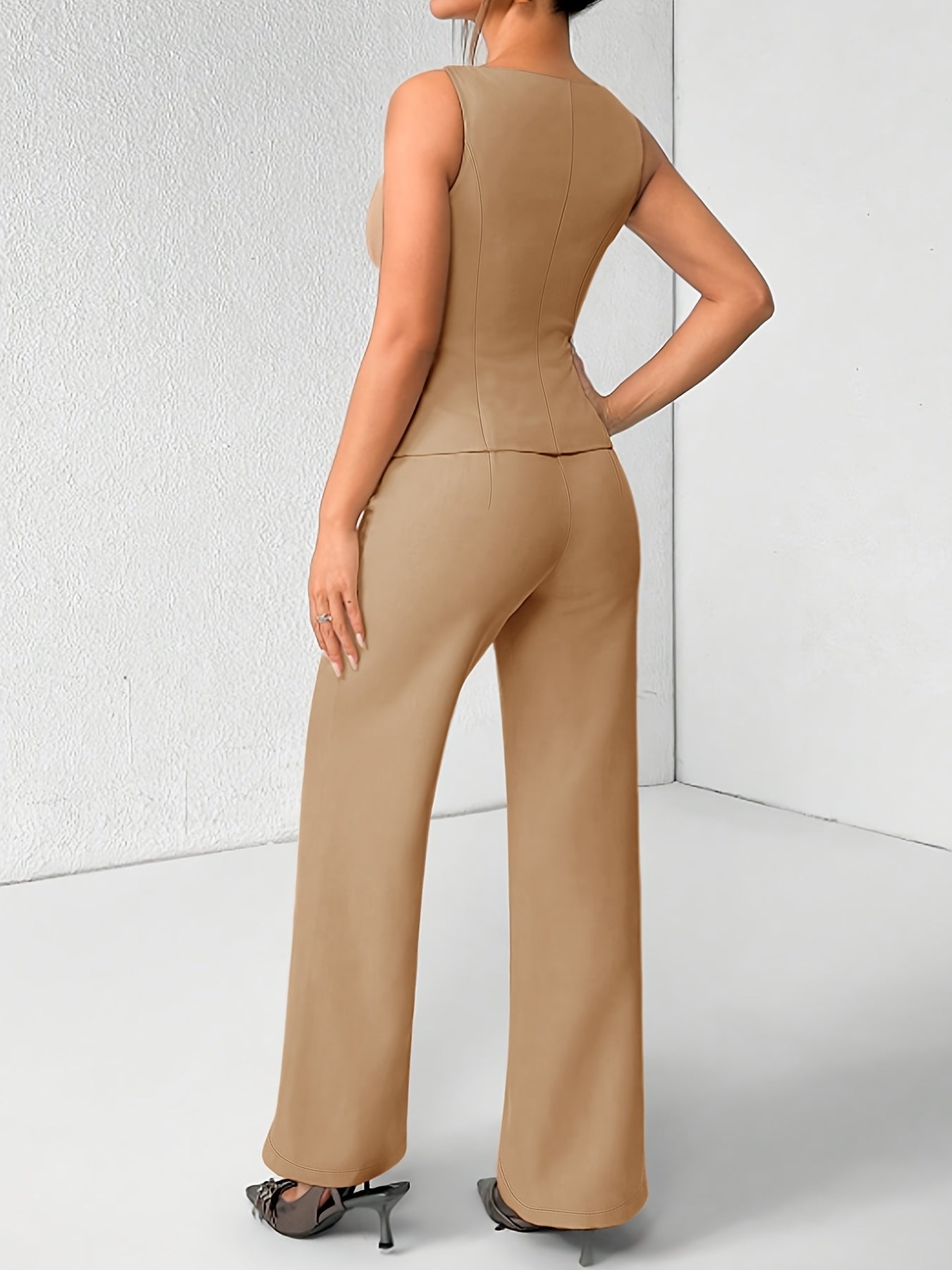 Spring-Summer Women's Casual Elegant Solid Color Round Neck Sleeveless Top and Pants Set, 2pcs, Suitable for Daily Outing, Office Commute, Party