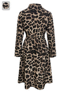 Elegant leopard print long-sleeve dress for women with pockets, featuring a cross V-neck and high collar, perfect for autumn and winter.