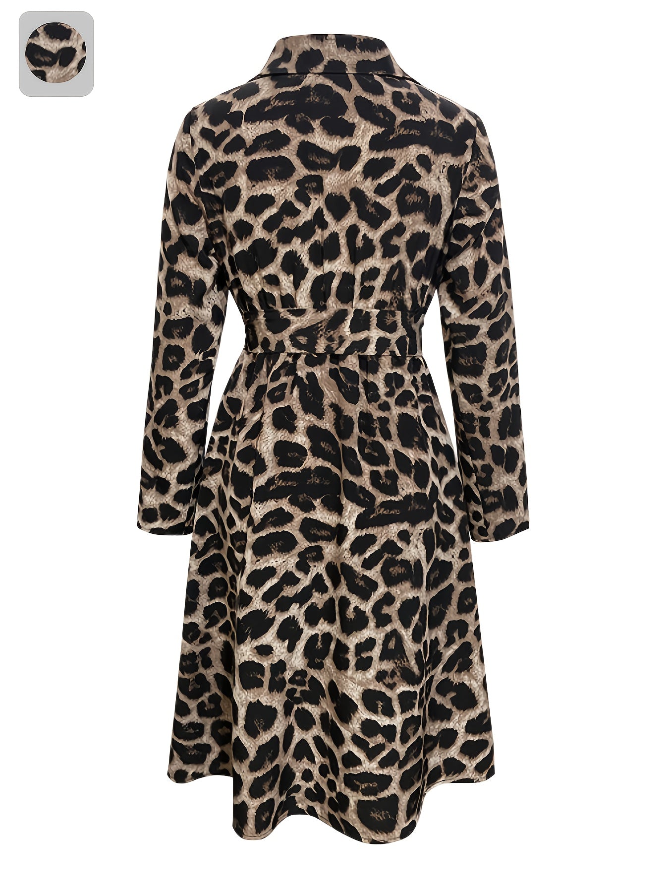 Elegant leopard print long-sleeve dress for women with pockets, featuring a cross V-neck and high collar, perfect for autumn and winter.