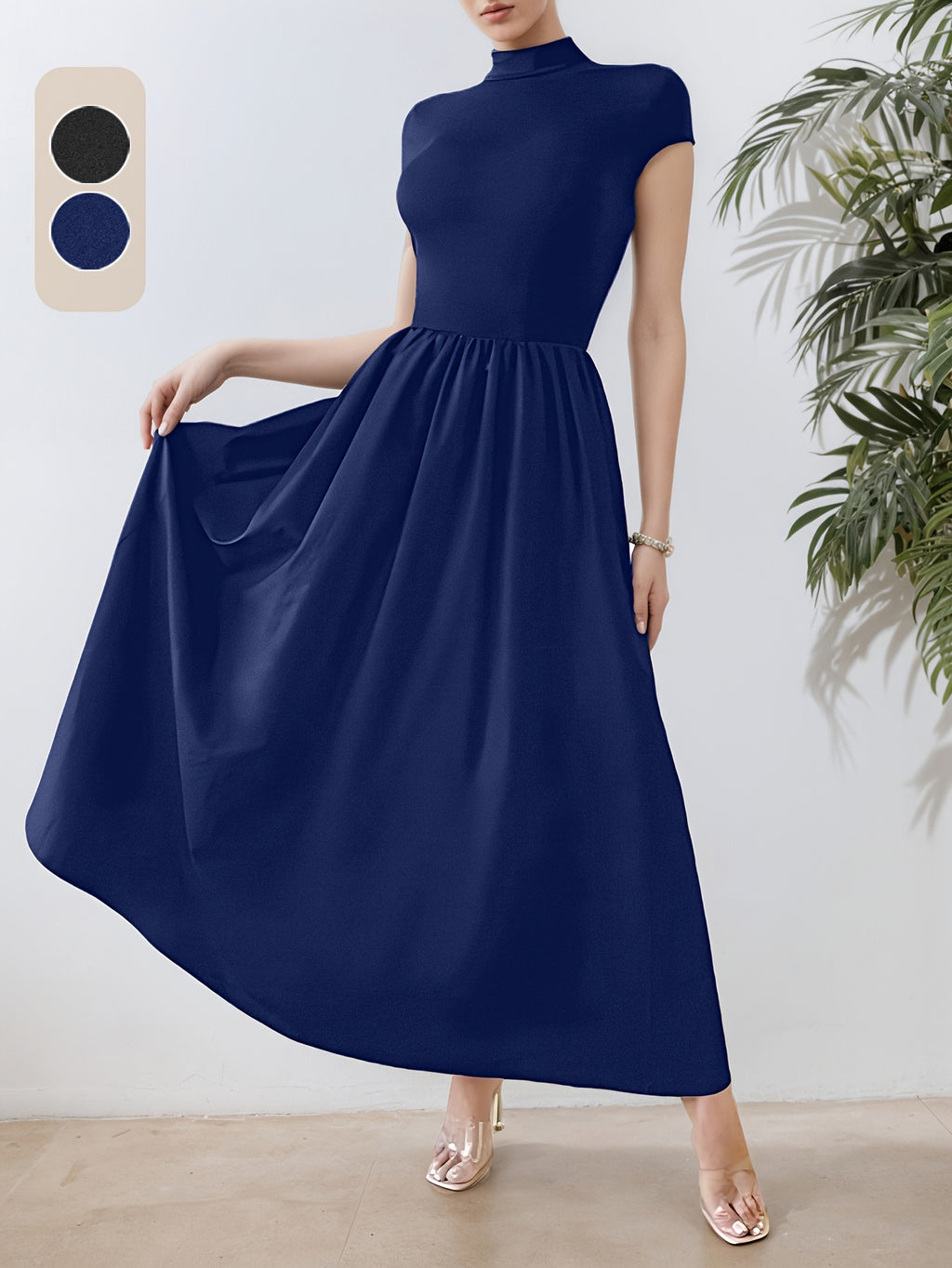 Elegant Black Maxi Dress for Women - Slim Fit, Short Sleeve, Stand Collar, Solid Color with Contrast Detailing, Flared Hem, Perfect for Spring/Summer, Chic and Stylish, Elegant Event Wear | Chic Style Dress | Polyester Fabric