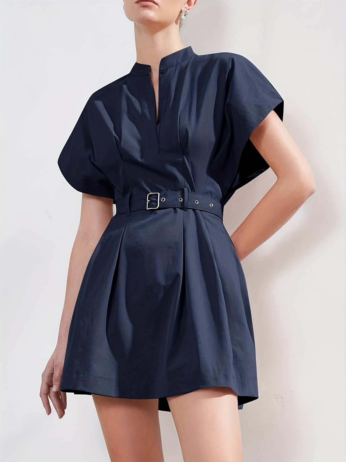 Women'S Elegant V-Neck A-Line Dress with Adjustable Waist Belt - Short Sleeve, X-Line Silhouette, Button Front Closure, Lightweight Summer Dress for Casual & Formal, Casual Summer Dress | Vneck Dress | Belted Waist Dress
