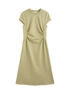 ZIQIAO 2025 SS Petite Women Slim Fit Waist-Cinching Knit Dress - Stretchy Bodycon Midi Dress Round Neck Casual Minimalist