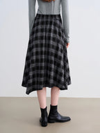 ZIQIAO 2025 Women's Retro Plaid A-Line Skirt - High Waist Flared Swing Midi Skirt with Pleated Detail for Office Casual