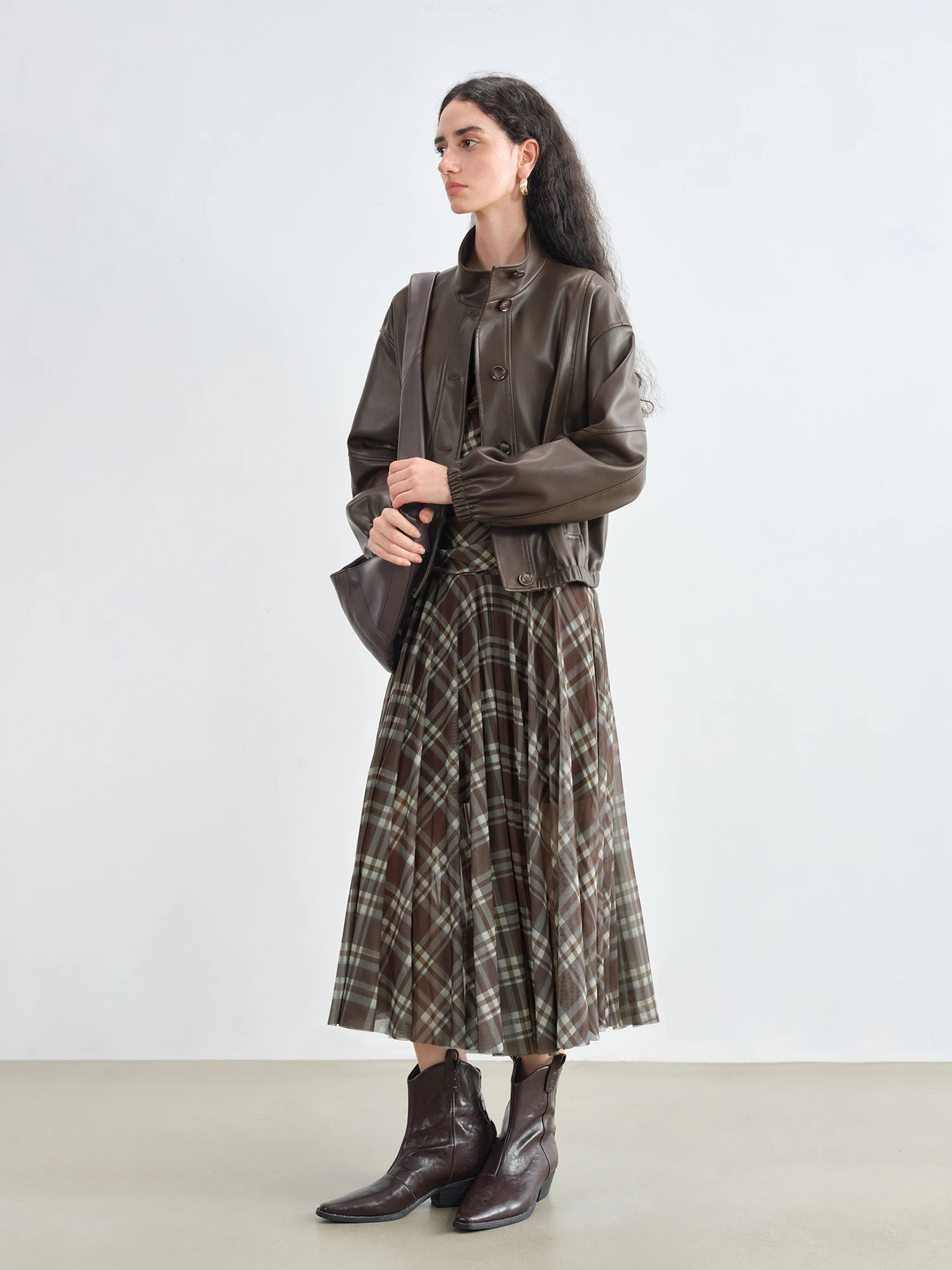 ZIQIAO Early Fall 2025 Women's Textured Plaid Maxi Dress - Long Sleeve Vintage Inspired Cinched Waist Flowy Elegant Daily Wear