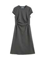 ZIQIAO 2025 SS Petite Women Slim Fit Waist-Cinching Knit Dress - Stretchy Bodycon Midi Dress Round Neck Casual Minimalist