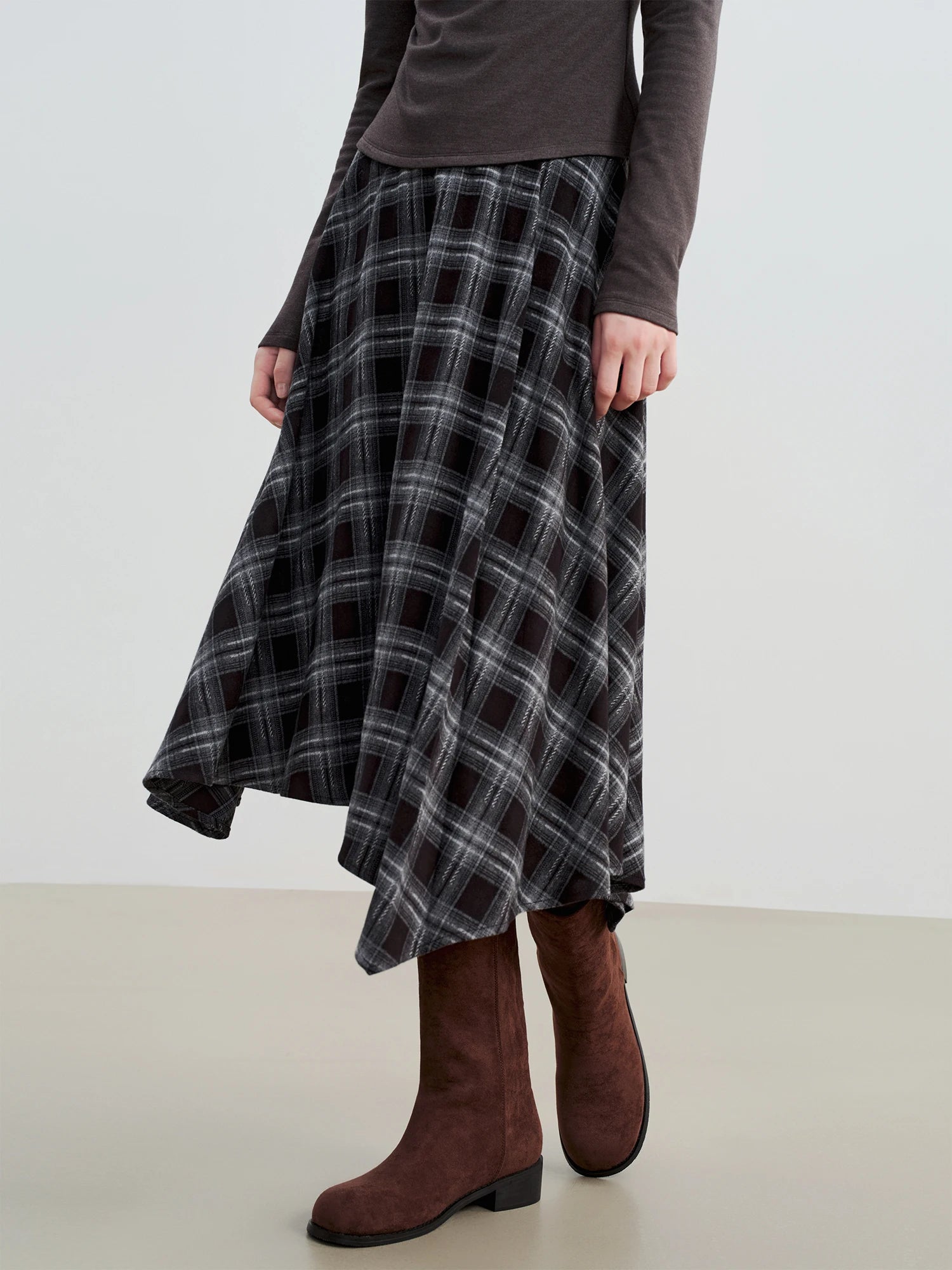 ZIQIAO 2025 Women's Retro Plaid A-Line Skirt - High Waist Flared Swing Midi Skirt with Pleated Detail for Office Casual