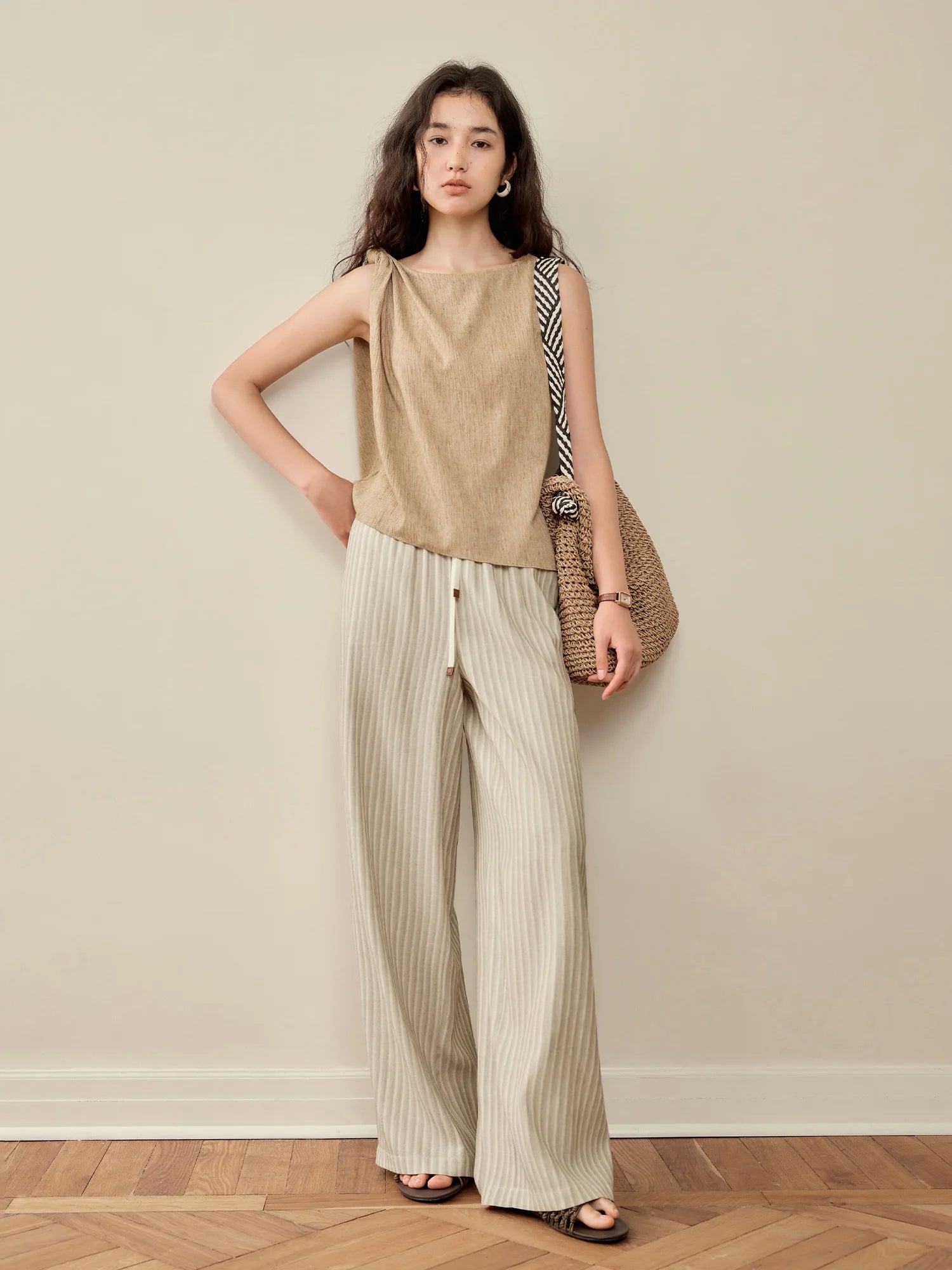 ZIQIAO 2025 Women's Elastic-Waist Wide-Leg Pants - Artistic Stripe & Fluid Drape Silhouette Casual Loose Pants 25ZQ92277
