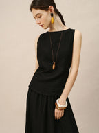 ZIQIAO 2025 Summer Petite Women Asian-Inspired Sleeveless Set - Flowy Blouson Skirt Tank Top Casual Outfit for Special Occasions