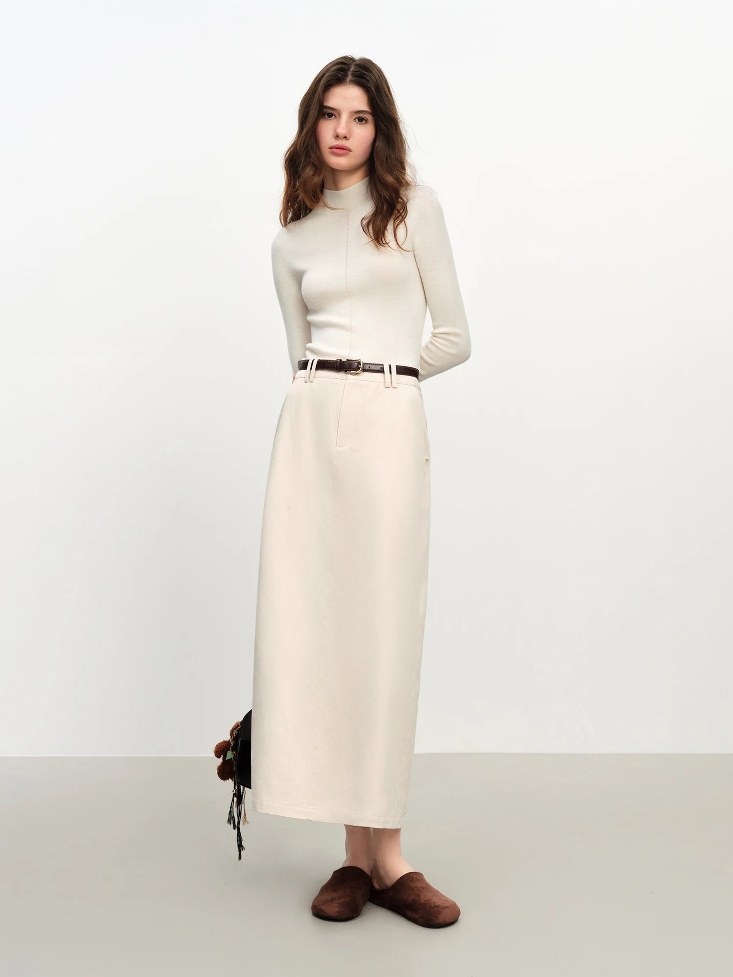 FSLE Extra Long Cotton Straight Skirt for Women Commuting 2025 Autumn and Winter New Style with Belt