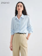 ZIQIAO Minimalism Style Gentle Flower Embroidered Shirt For Women 2025 Autumn New Arrival Striped Shirt Design Top 25ZQ93134