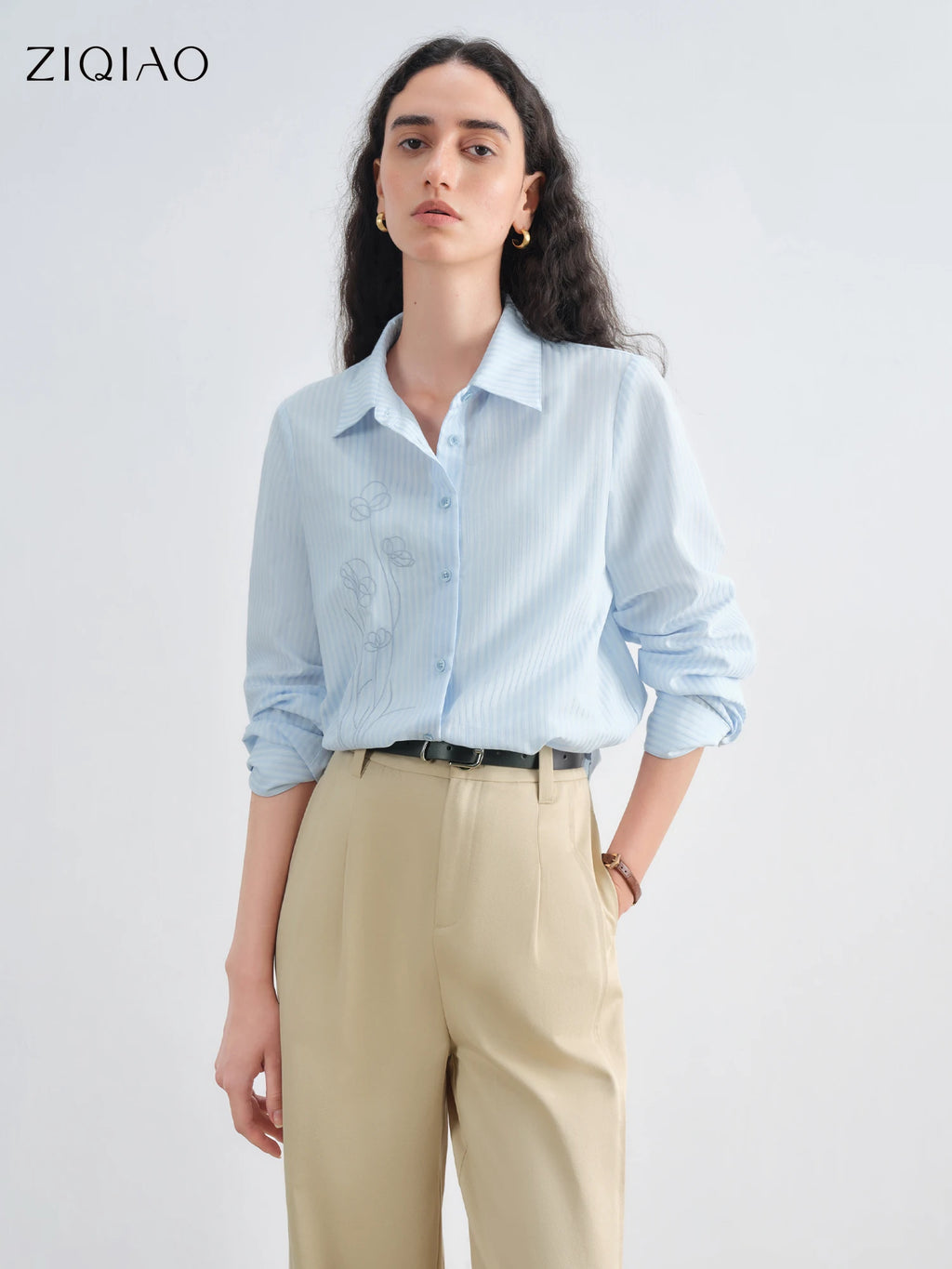 ZIQIAO Minimalism Style Gentle Flower Embroidered Shirt For Women 2025 Autumn New Arrival Striped Shirt Design Top 25ZQ93134