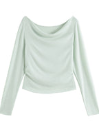 ZIQIAO Women Spring Long Sleeve T-Shirt Tops 19.4% Wool Swing Neck Slim Fit Commuter Top 2025 Spring Female Black Top 25ZQ91081