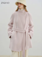 ZIQIAO 2025 New Arrival Chic Double Sided Camel Wool Blend Coat Elegant Short Jacket with College-Inspired Design Autumn Winter