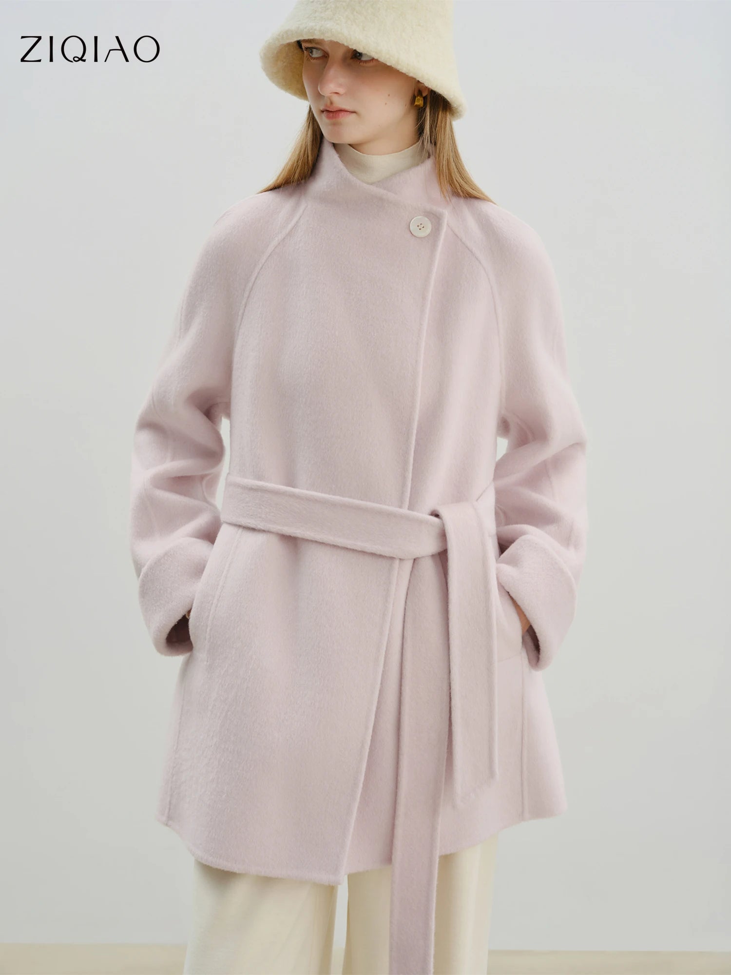 ZIQIAO 2025 New Arrival Chic Double Sided Camel Wool Blend Coat Elegant Short Jacket with College-Inspired Design Autumn Winter