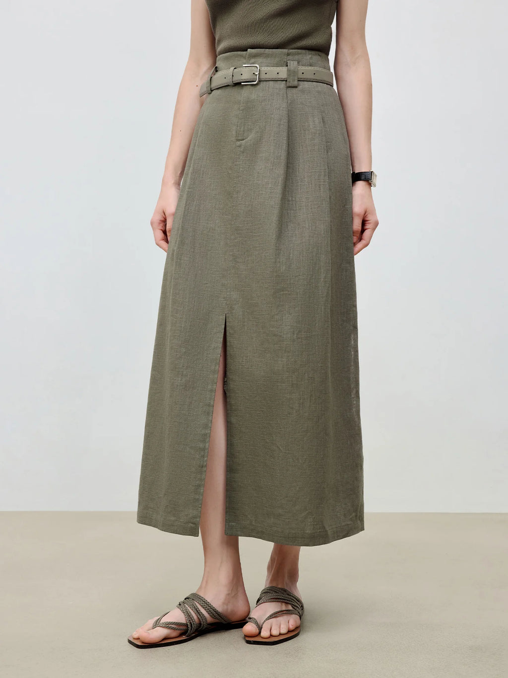 ZIQIAO 2025 Summer Women's Linen A-Line Midi Skirt - Triple Vent Hem & Breathable Styling Casual Loose Skirts 25ZQ92182