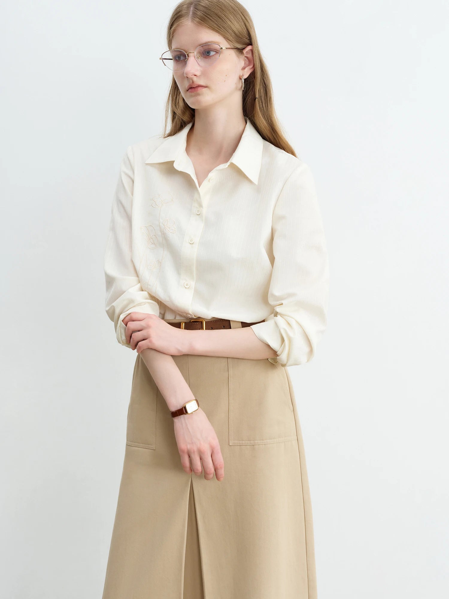 ZIQIAO Minimalism Style Gentle Flower Embroidered Shirt For Women 2025 Autumn New Arrival Striped Shirt Design Top 25ZQ93134