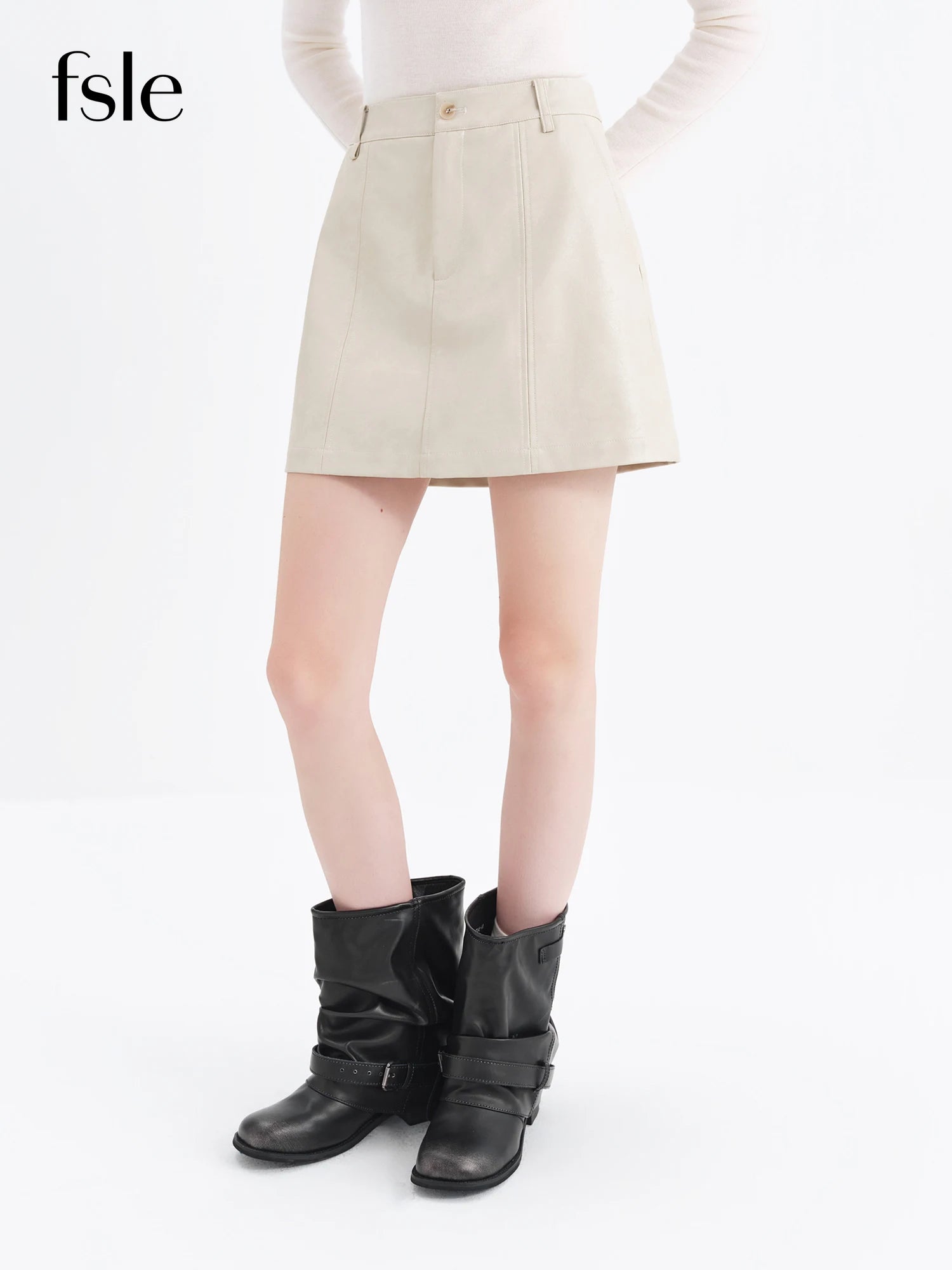 FSLE 2025 Winter Women High Waist A-Line Short Skirt in Faux Leather - Versatile Flattering Stretch Mini Skirt for Daily Casual