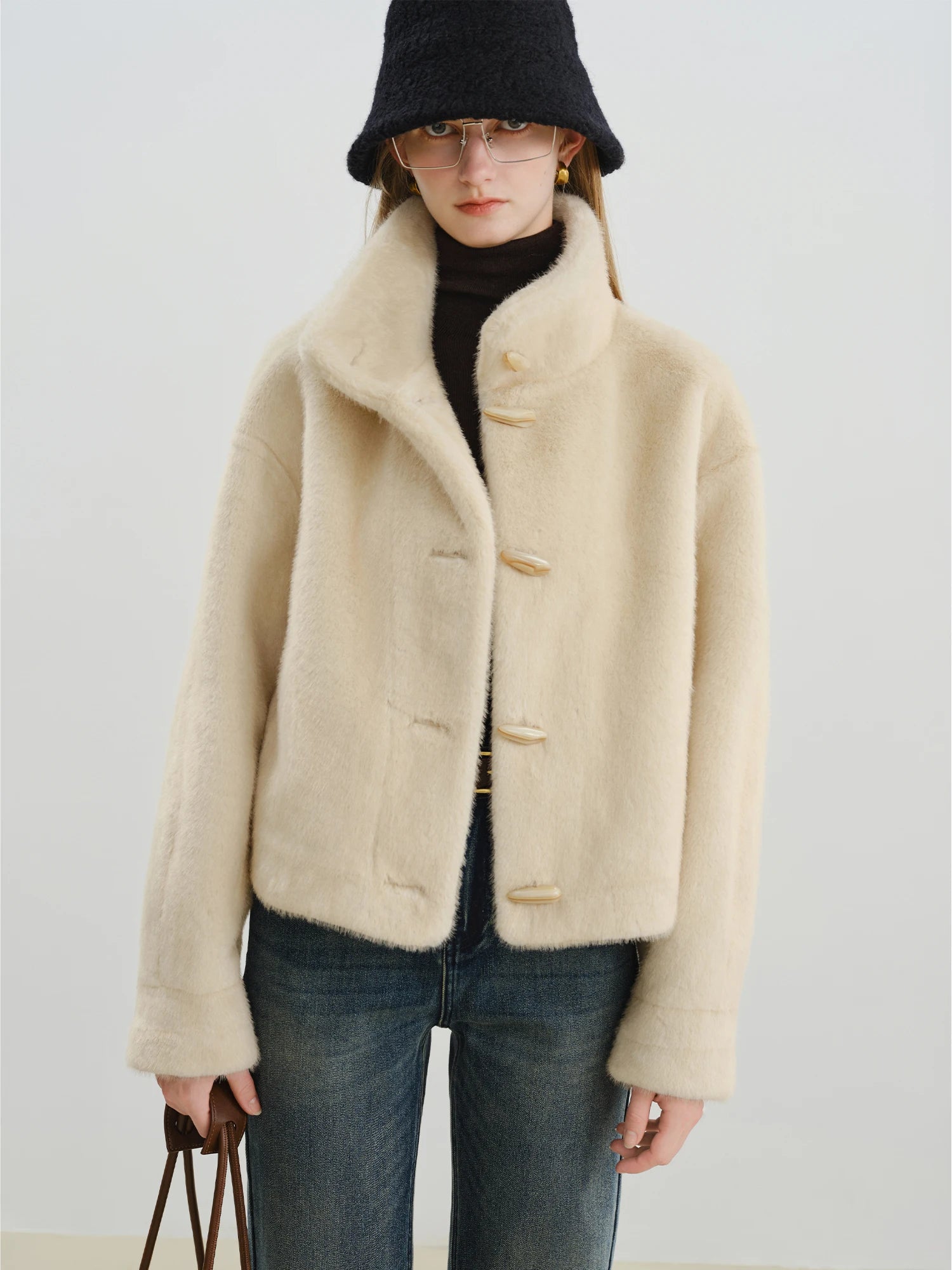 ZIQIA 2025 Winter Women Short Faux Fur Coat with Toggle Buttons - Eco-Friendly Integrated Fur Leather Look New Arrival Outerwear