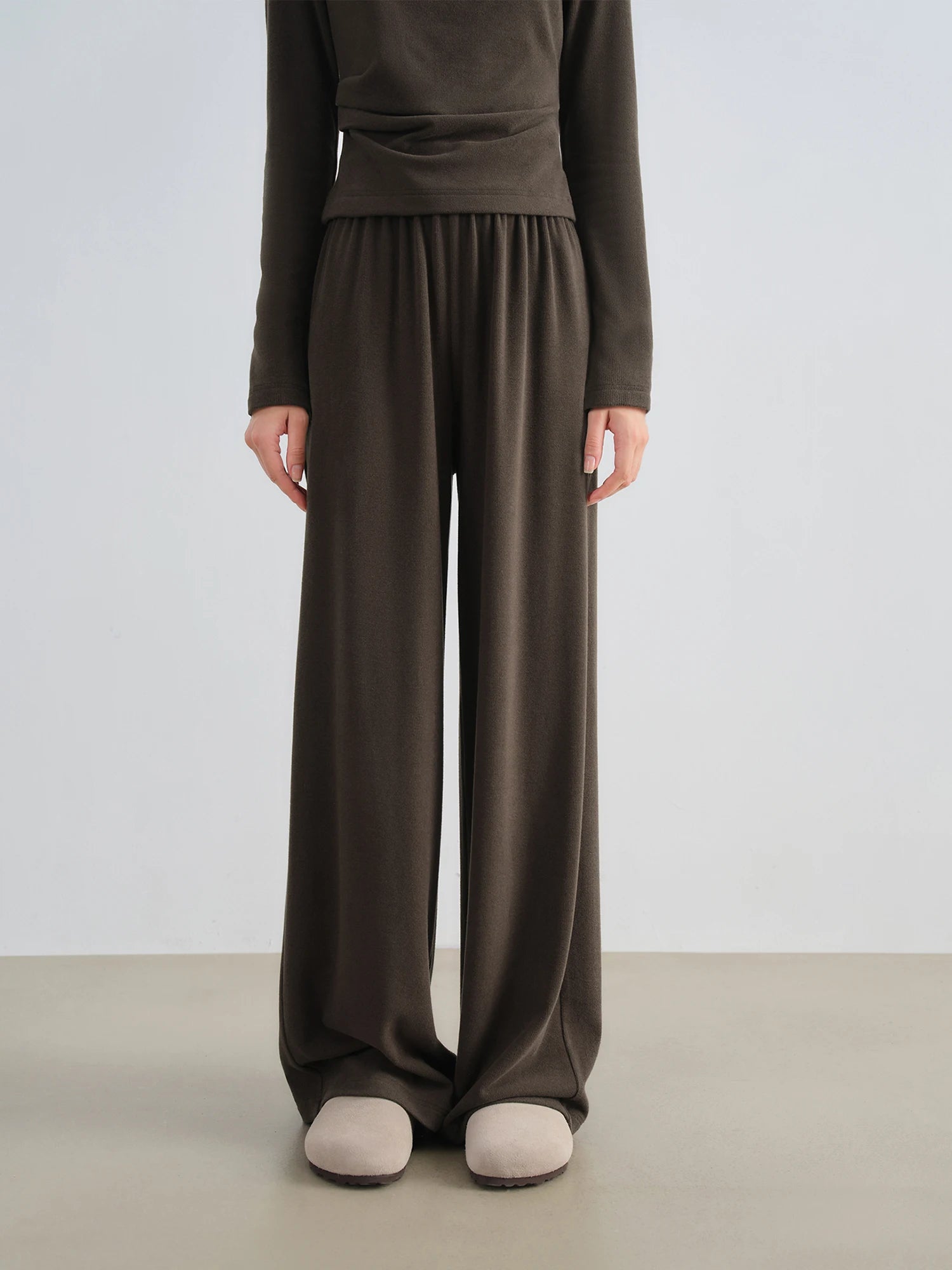 ZIQIAO 2025 Women's Knit Coordinate Set - Drop Collar Knit Top & Straight Leg Pants Office Casual Two Piece Set Elegance